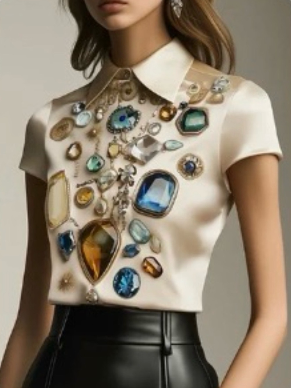 STYLEWE White 3D Collared Blouse with Jewel Motif